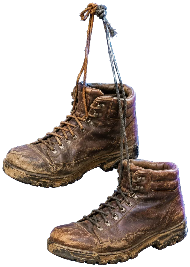 A pair of worn brown leather hiking boots laced together and hanging from the knot.