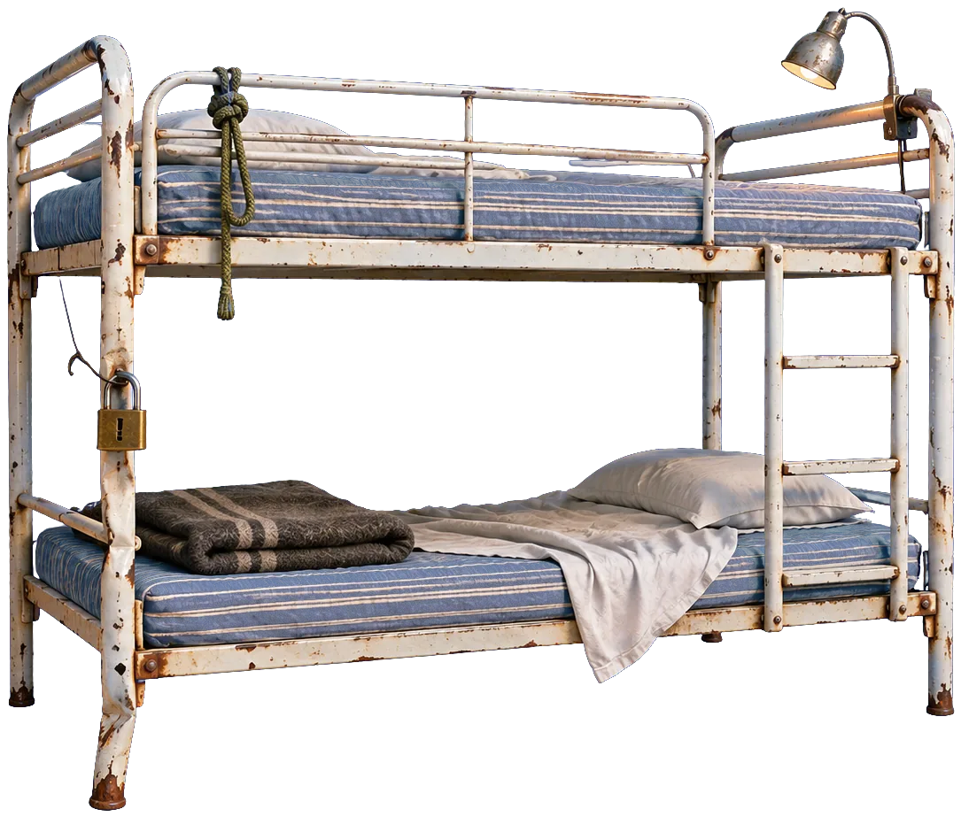 A chipped white steel bunk bed with thin striped mattresses and a folded grey blanket.