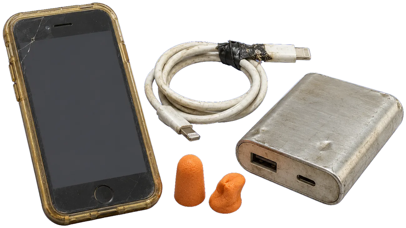 A cracked phone in a yellowed case, a taped charging cable, a dented power bank and a pair of foam earplugs.