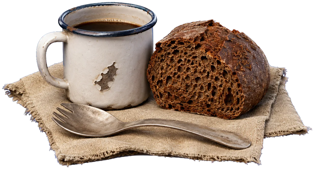 A chipped enamel mug of black coffee, a torn half of dark rye bread and a bent aluminium spork on a folded linen cloth.