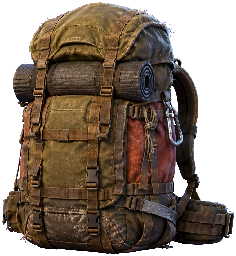 A worn 65-litre canvas expedition backpack with frayed webbing, a taped strap and a rolled foam mat lashed under the lid.